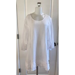 LA FIXSUN White 100% Linen Ruffle Asymmetric Tunic Top Size XL Lagenlook Coastal